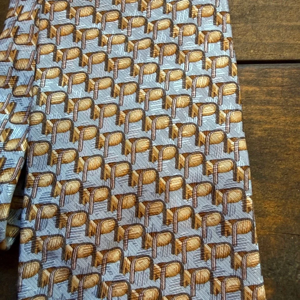 Ermenegildo Zegna Silk Tie OS Geometric Chair Pattern Blue Tan Italy Luxury